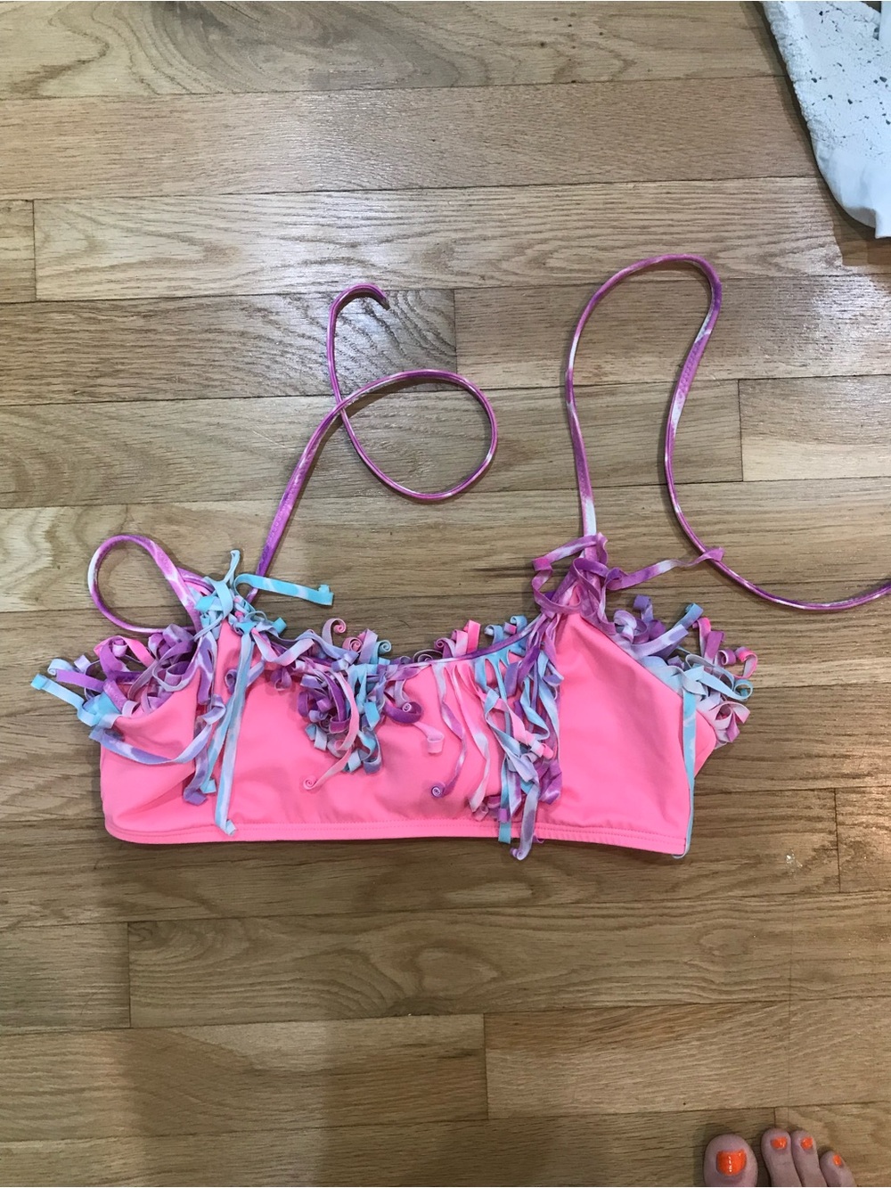 PINK Victoria's Secret Neon Pink Fringe Bikini Top with Multicolor Tassels